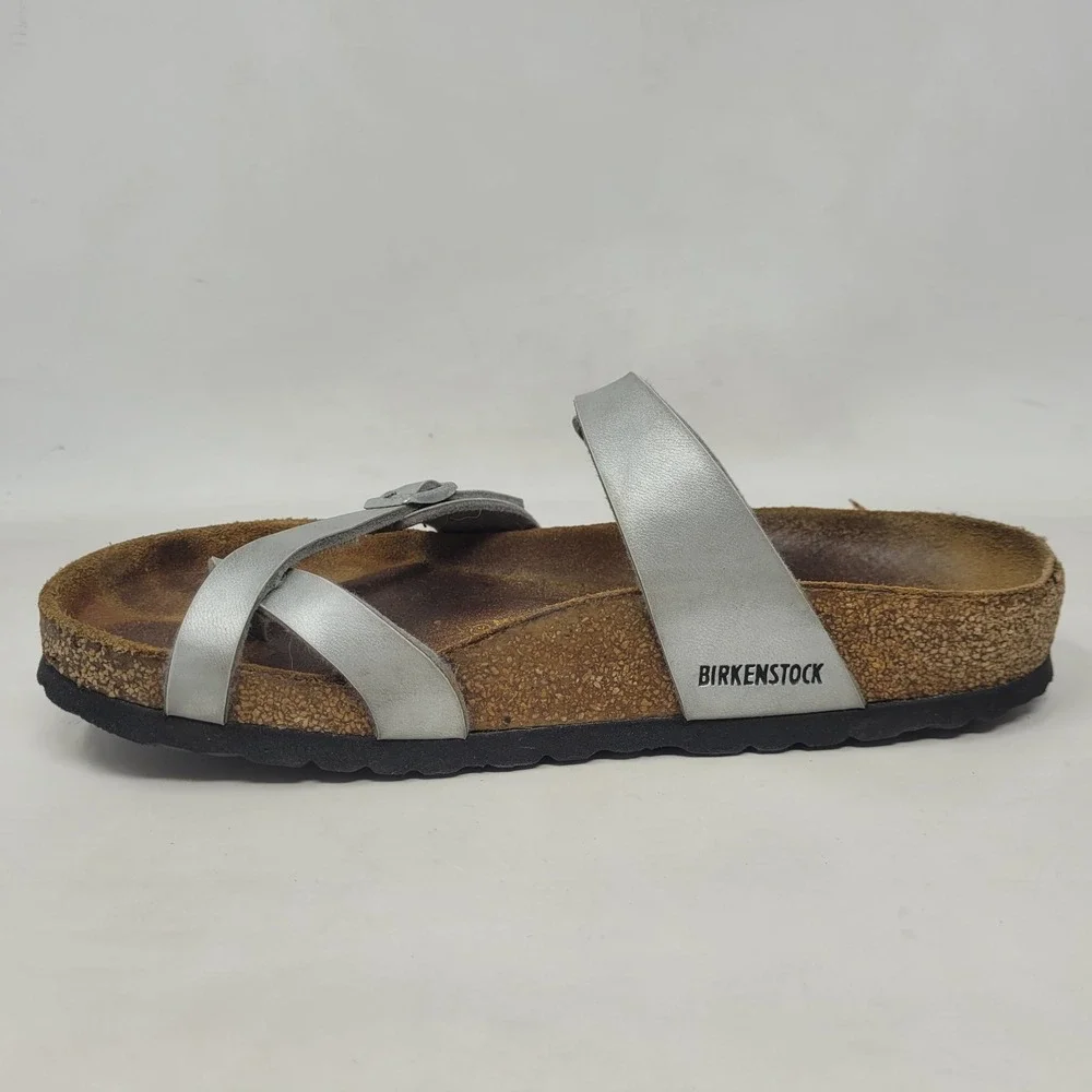 Birkenstock Mayari Sandals EU38 US7 Silver Birko Flor Slides Slip On Comfort